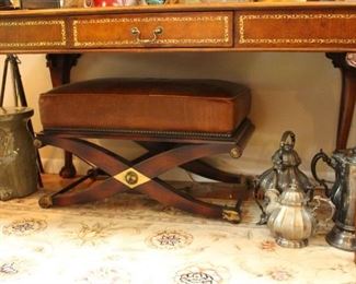 Desk with Leather and Gold Trim, and Stool Beneath Desk Area