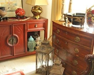 Asian Century Furniture Table, Vases, Lamp, Bowl