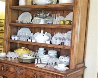 Open China Hutch with Various Dishes, Roosters, China, Serving Bowls, Flatware