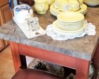 Yellow Dishware, Chairs, Island, Antique Coffee Grinders
