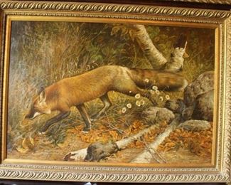 Framed Oil on Canvas Fox Scene