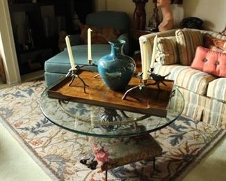 Coffee Table in Glass and Burled Tray and Vases and Metal Art