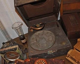 Vase, Test Tube, Clock Vintage Phonograph, Showe Shine Box