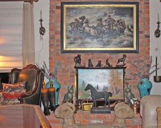 Cast Iron Horse, Boots, Vases, Bronzes, Sconces, Original Oil Paintings, One Framed, Ram Foot Rest