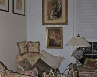 2d Bedroom Overview, Side Chair, Throw Pillows, Art, Crystal Lamp, Throws