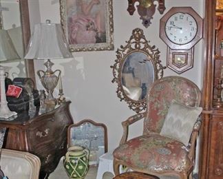Oil Painting, Clocks, Lamps, Chest, Mirrors, Henredon Chair