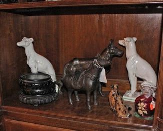 Ceramic Dogs, Vase, Metal Horse and Dog