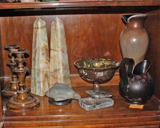 Dolphin in Stone, Candlesticks, Vase, Regal Pottery Gouda Holland Pitcher, Marble Towers, Chris Maden Pedestal Bowl.