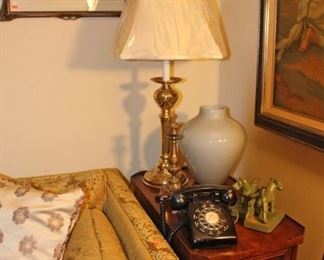 End Table Cabinet, Lamp, Vintage Phone, Book Ends, Vase