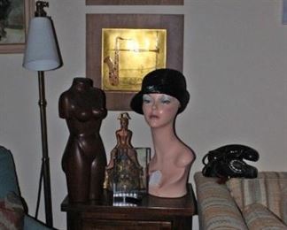 Mannequin Bust, Walnut Bust, Metal Art, End Table, Heater, Vintage Phone, Art Nouveau Lamp