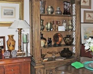 Open Shelf Curio TV Cabinet, Filing Cabinet by Century, Lamps, Glass Balls, Clock, Copper Bowl, Vases
