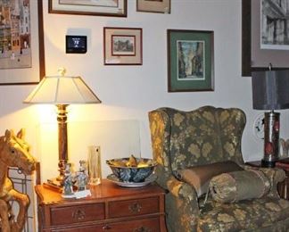 Wing Back Chair, Chest, Lamp, Bowl, Figurines, Art