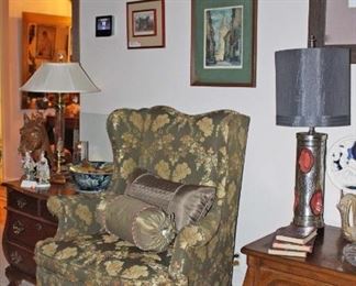 Wing Back Chair, Louie XV Chests, Baker Chest, Lamps, Framed Art, Vases, Figurines