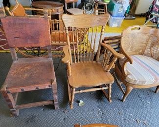 Primitive wood and material Chair, Rocker and Caned Chair with Cushion