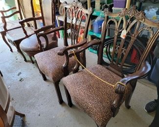 Carved Wood Side and Armed Chair with Leopard Print