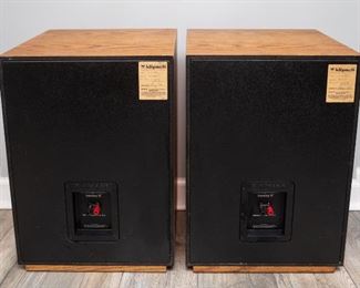 Back View — Pair of vintage Klipsch heresy II Walnut floor standing Speakers 8 Ohms Type H 00 SRB 89-16737 11/28/89