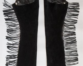 SPECTACULAR Vintage custom-made 1980's Black Leather Chaps for onstage performance of "Billy Hill" band member. Very unique and well made. EXCELLENT workmanship!