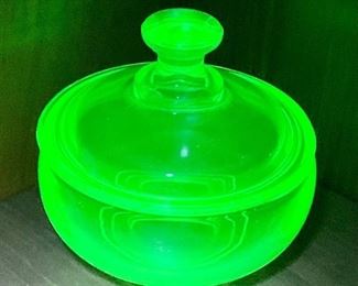 Green Vaseline/Uranium Glass Dish w Lid