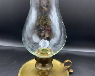Vintage Brass Chamber Lamp w Swirled Glass Globe (several small chips on bottom of globe - see pics)