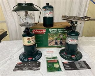 1990s Coleman Propane Stove and 1 Mantle Lantern (lantern unused, extra tank included)