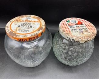 2 - Vintage Ma Brown Apple Butter Decorative Glass Jars w Lids
