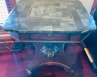 #1 $250   Emerald marble top mahogany pedestal  table  •  32high 30wide 30deep