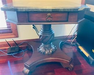 #1 - $250   Emerald marble top mahogany pedestal  table  •  32high 30wide 30deep
