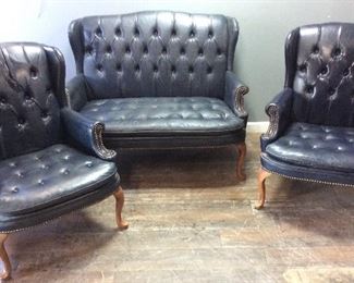 VTG. BLUE LEATHER CHAIRS & LOVESEAT