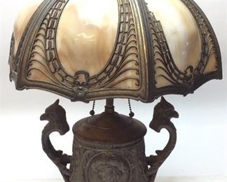 ANTIQUE LEAD, BRASS & COPPER LEADED SHADE LAMP, 