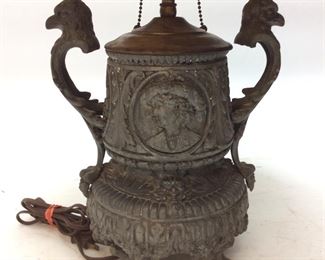 ANTIQUE LEAD, BRASS & COPPER LEADED SHADE LAMP, 