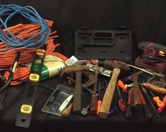 ASSORTED TOOLS, EXTENSION CORDS, HAMMERS, BUZZ SANDER, LEVELS, GREASE GUN