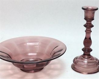 PURPLE ART GLASS BOWL AND CANDLE HOLDER