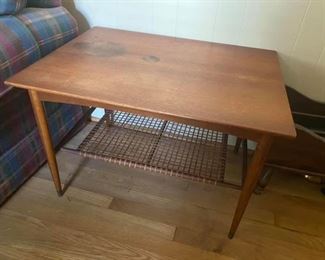 Mid Century Modern Dux Teak End Table
Made in Sweden 
Some stains on top.
No breaks in caning on bottom.
