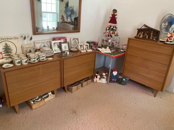 Vintage Mid Century Modern Robert Loewy Bedroom Set
Will not separate.
All pieces have some small imperfections. Overall great condition.
Includes: 
-Tall Dresser (3’ x 18 1/2” x 42 1/2” tall)
-Desk (45” long x 21” deep x 29” tall)
-Mirror (43” x 31”)
-2 Small chests (3’ x 18 1/2” deep x 30” tall)
-2 End tables / Nightstands (19” across x 14 1/2” deep x 3’ tall)
-Full size headboard with Frame

Must be able to move from upstairs & load yourself.