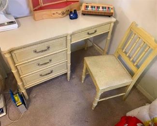 Vintage Henry Link Bali Hai Faux Bamboo pale yellow Bedroom Set
Will not separate!
Includes:
-Full size headboard & frame
-Nightstand (2’ across x 16 1/2” deep x 2’ tall)
-Long Dresser with Mirror (52” long x 19 1/2” deep x 31 1/2” tall, mirror adds extra 41” tall)
-Small dresser with Hutch (30 1/2” across x 19 1/2” deep x 29” tall, hutch adds an extra 42 1/2” tall)
-Desk (46 1/2” across x 19 1/2” deep x 29 1/2” tall) 
-Chair (17 1/2” across x 15 1/2” deep x 17” tall to seat, 32” tall to back)
Pickup in Memorial area, 77079.
Must be able to move from upstairs (wide staircase) & load yourself.