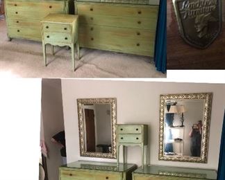 Matching Green Landstrom Chest Of Drawers with Custom Glass Tops 4 Ft Wide x 1 Ft 10 Inches Deep x 2 Ft 9 1/2 Inches Tall $65 Each. Single Matching Green Sewing Cabinet 1 1/2 Ft Wide x 1 Ft Deep x 2 Ft 4 Inches Tall $55                                          2 Matching Wood Mirrors 2 Ft 7 Inches Wide x 7 Inches Tall $45 Each