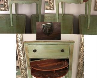 Matching Green Landstrom Chest Of Drawers with Custom Glass Tops 4 Ft Wide x 1 Ft 10 Inches Deep x 2 Ft 9 1/2 Inches Tall $65 Each.            Single Matching Green Sewing Cabinet 1 1/2 Ft Wide x 1 Ft Deep x 2 Ft 4 Inches Tall $55                                          2 Matching Wood Mirrors 2 Ft 7 Inches Wide x 7 Inches Tall $45 Each