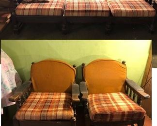 Plaid 1970’s Wood Sofa and 2 Matching Chairs. All 3 Pieces $85. This Sofa is 6 Ft 7 Inches Long x 2 1/2 Ft Deep x 2 Ft 10 Inches Tall
