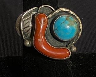 057lr Turquoise Red Coral Ring