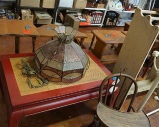 coffee table, light fixture, small chair