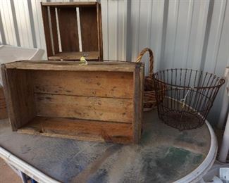 wood box, wire basket