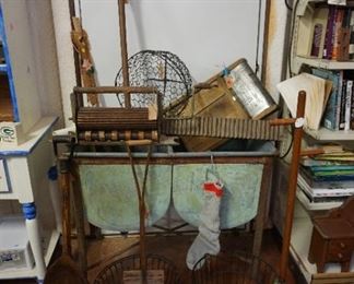 double wash tub, primitive wood tools,  wire baskets, wringer washer piece, wash board