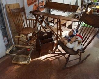wood ironing board, rocker, child high chair, baskets, wire/wicker  basket