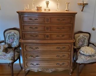 Thomasville chest of drawers. Pair of Shabby French prov. imported (Mexico) arm chairs.
