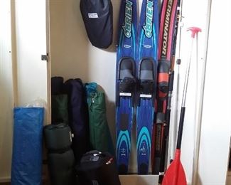 Vintage skis, folding chairs, sleeping bag, snowshoes