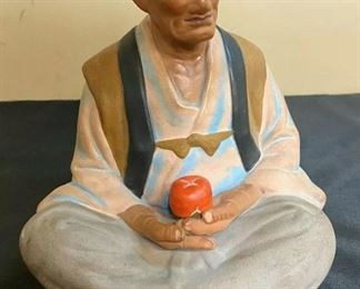 Vintage Japanese Sitting Older Man Mudman Holding A Peach 8.5" x 7.5" x 6.5"