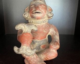 Mexican Folk Art Clay Terracotta Pottery Aztec Maya, Seated Tribal Figure 5 3/8"