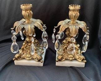 Antique Italian Brass Gilded Candle Set with Crystal Prisms on Marble Base . Size 8” high X 6” wide . STUNNING SET !