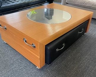 CUSTOM COFFEE TABLE WITH BUILT IN LAZY SUSAN ON ROLLERS AND PULL OUT STOOL