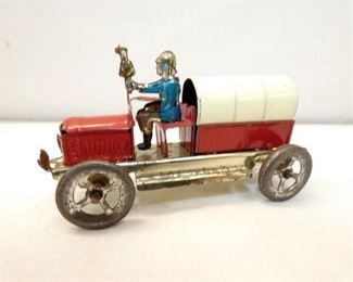 EARLY TIN FIRETRUCK PENNY TOY W/ DRIVER